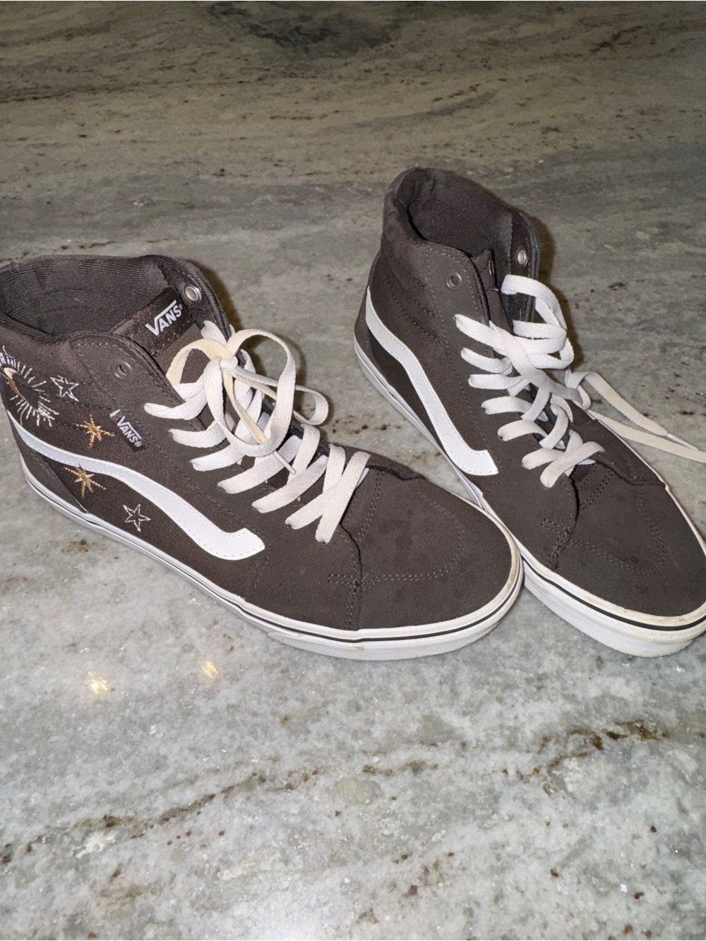 Vans Women’s 10 Sk8-Hi Brown Canvas High-Top Sneakers Stars Moon Skater Lace Up